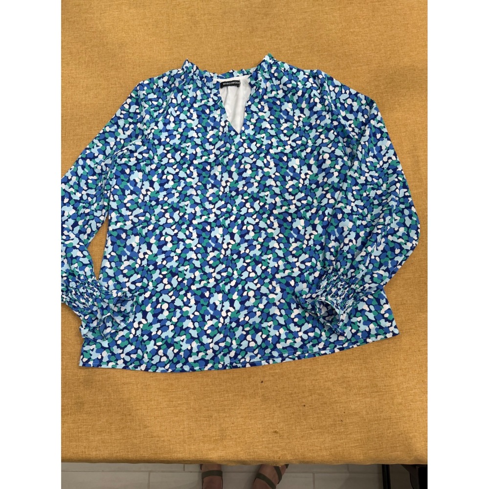 Mascomoda Blue Green Abstract Print V-Neck Blouse Smocked Cuff Lined Medium